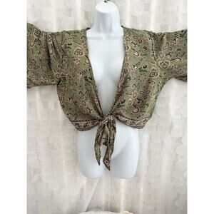 Silk Green Pink Paisley Women’s M Tie Front Blouse Hippie Bell Sleeves FESTIVAL